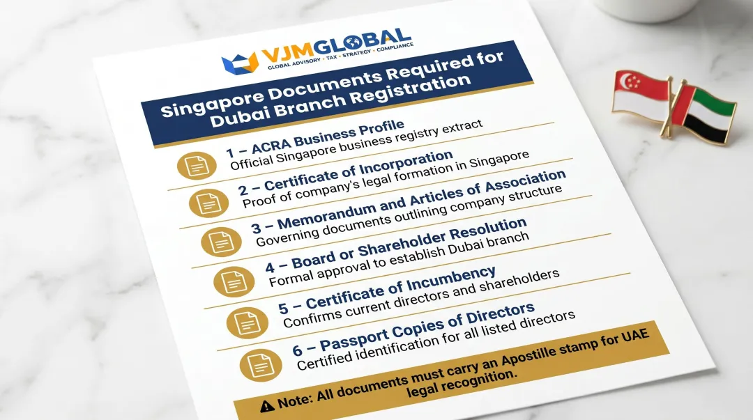 Six required Singapore documents for Dubai branch office registration checklist