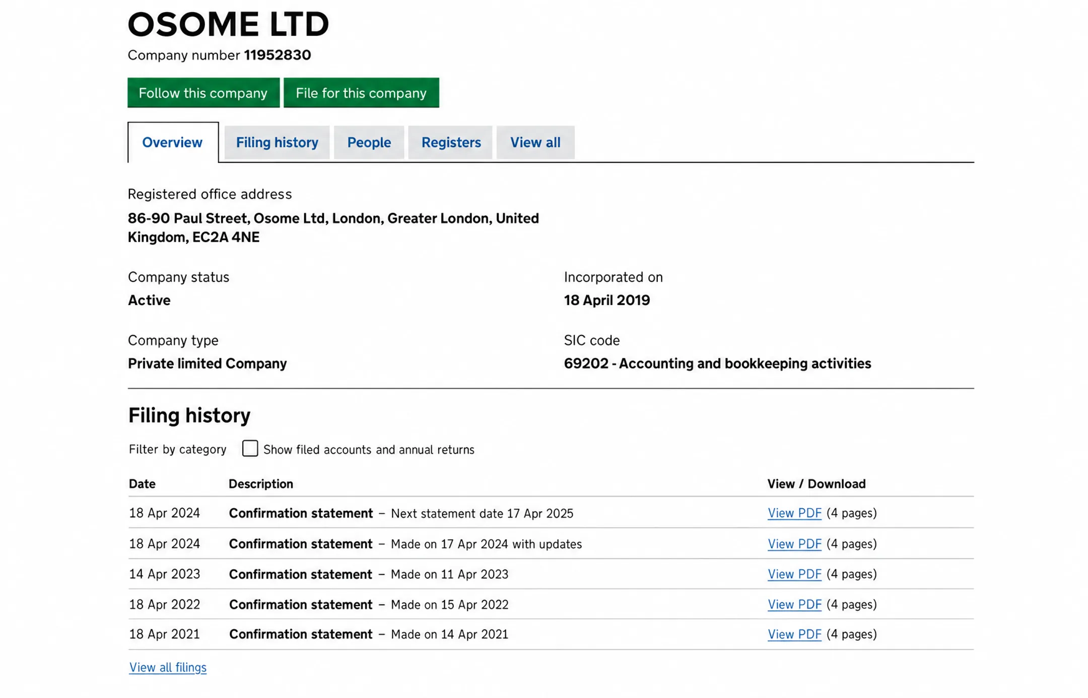 Companies House UK company registration profile page showing status details