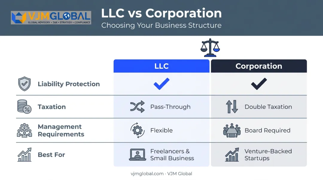 LLC versus corporation comparison chart covering liability taxes and management structure