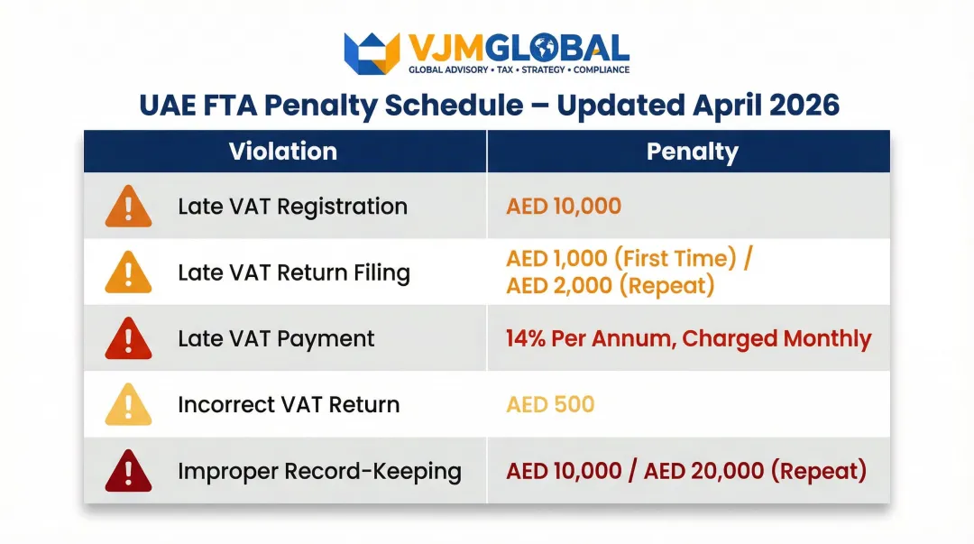 UAE VAT non-compliance penalty schedule updated April 2026 for businesses