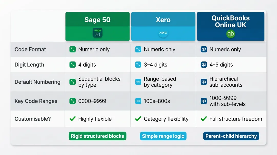 Sage 50 versus Xero versus QuickBooks UK accounting code system comparison infographic