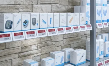 Hospital pharmacy shelf displaying medical devices with price labels and regulations