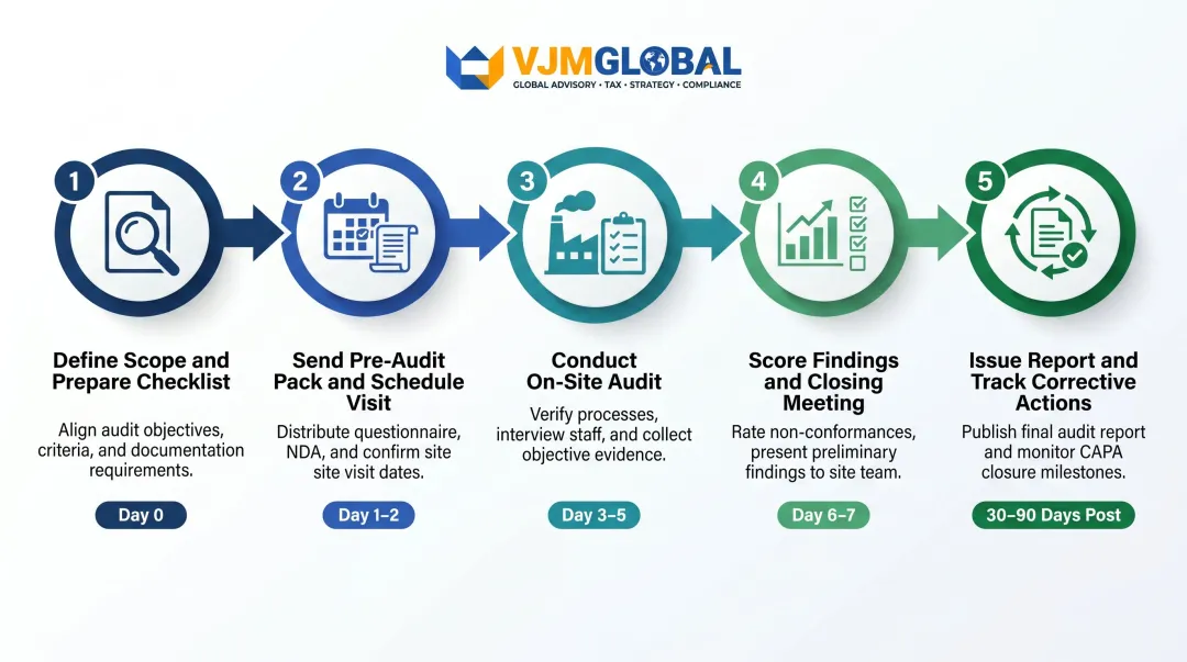 Five-step factory audit process flow from scope definition to corrective action tracking