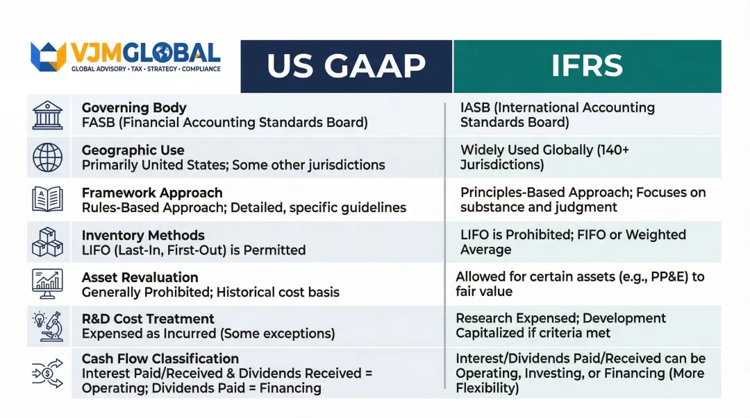 IFRS versus US GAAP seven-dimension framework comparison infographic