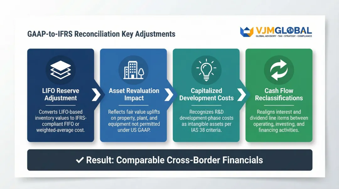 Cross-border GAAP to IFRS reconciliation key adjustment items process diagram
