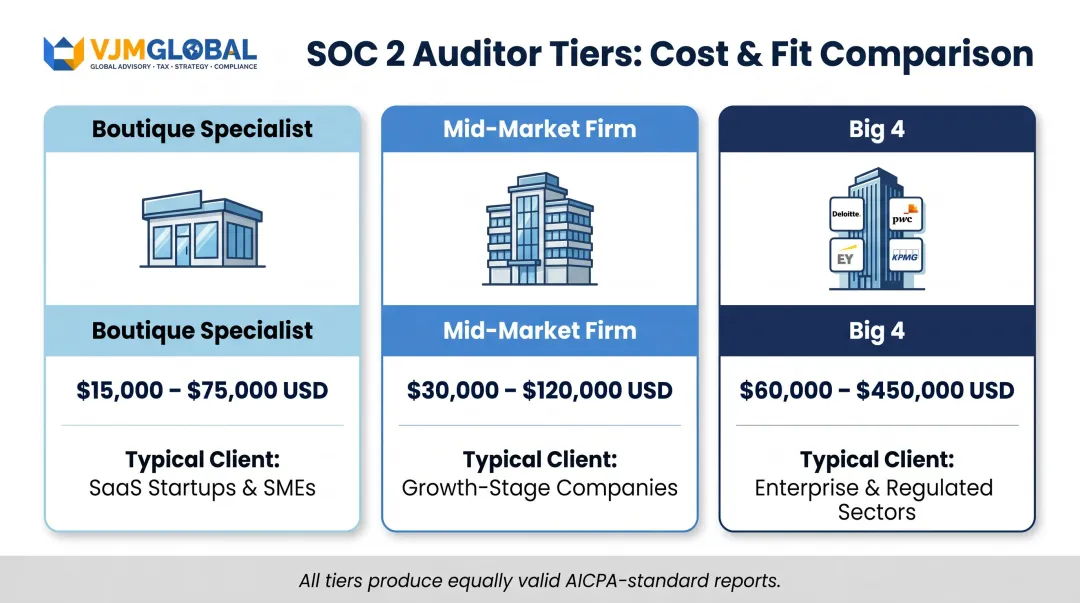 Three-tier SOC 2 auditor comparison chart boutique mid-market Big 4 Singapore