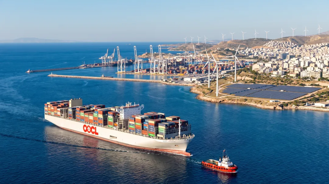Greek shipping port and renewable energy infrastructure representing key investment sectors