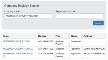 Government registry website interface for searching company incorporation records