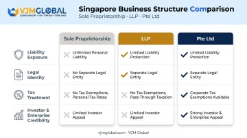 Pte Ltd versus sole proprietorship versus LLP structure comparison chart