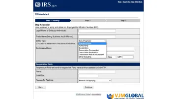 IRS EIN application webpage interface for business tax identification