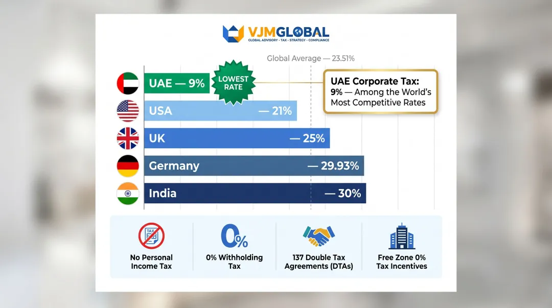 UAE 9% corporate tax rate versus global economies comparison bar chart infographic