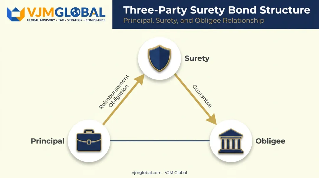 Three-party surety bond structure showing principal surety and obligee relationship