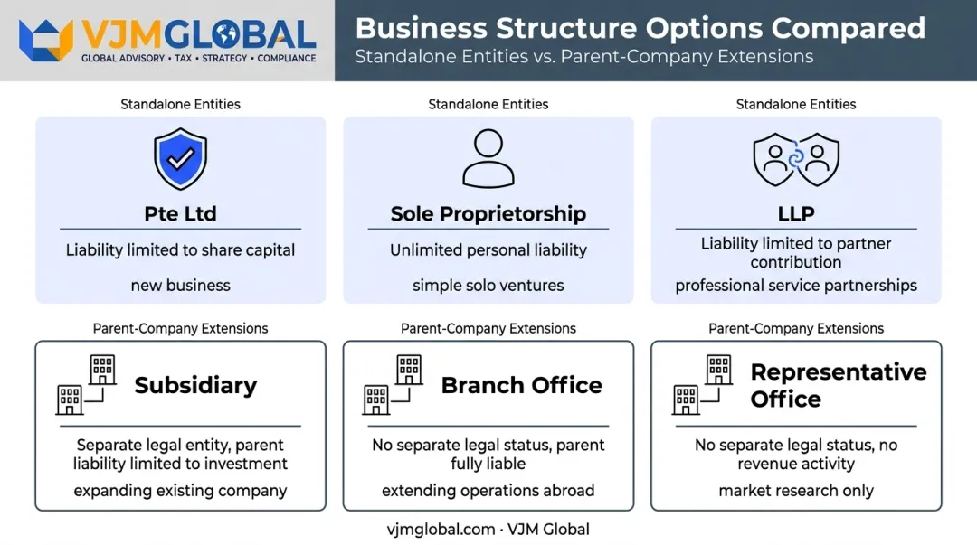 Singapore business structure options comparison for Canadian entrepreneurs and companies