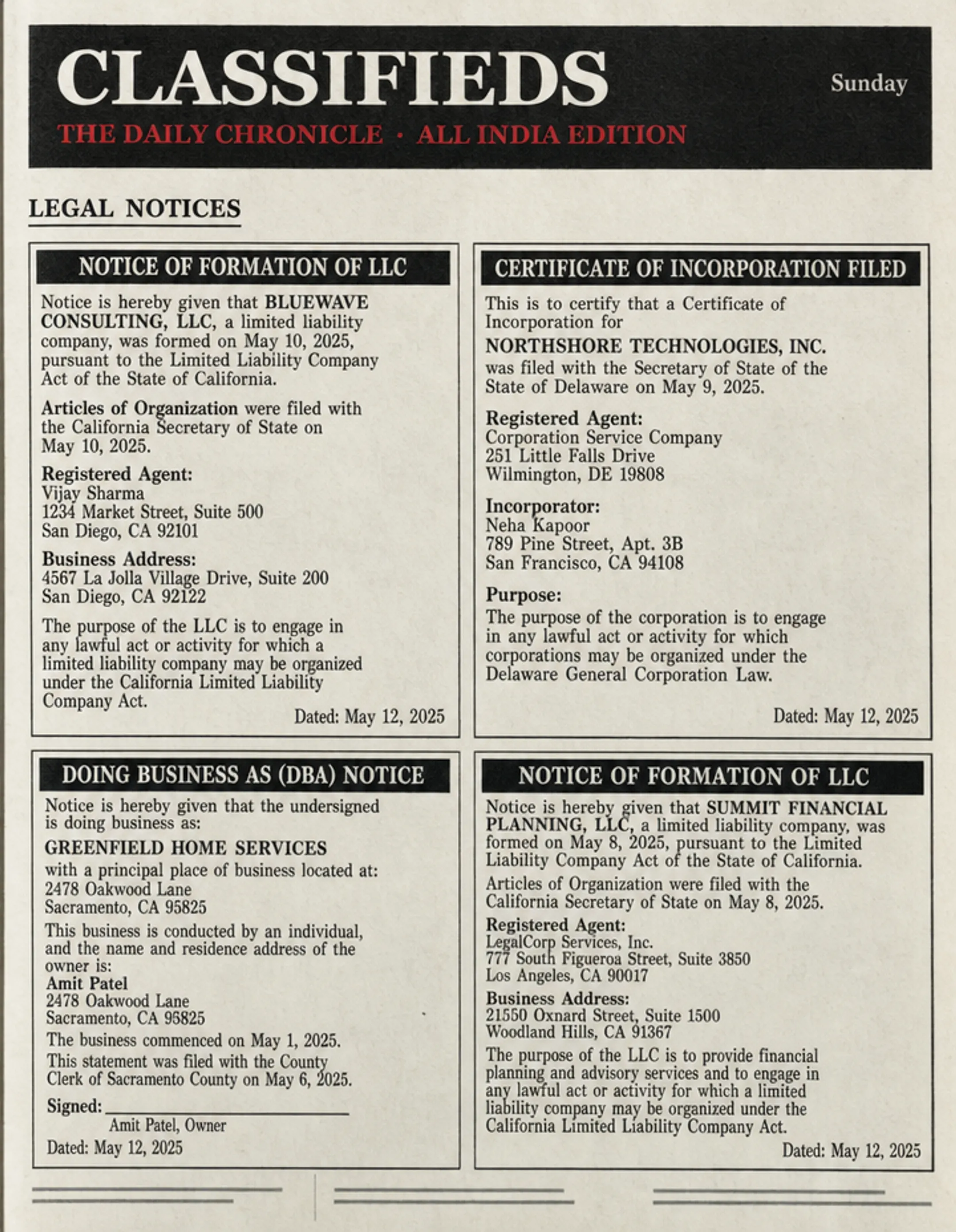 Local newspaper legal notices section for business formation publications