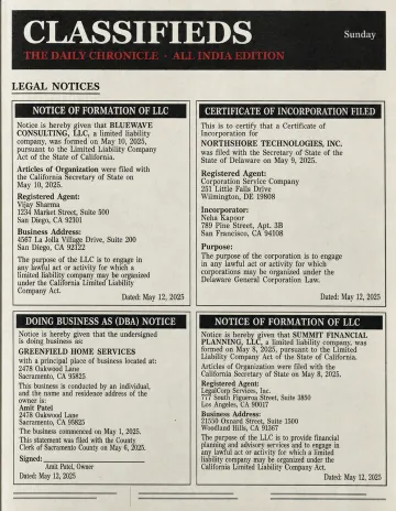 Local newspaper legal notices section for business formation publications
