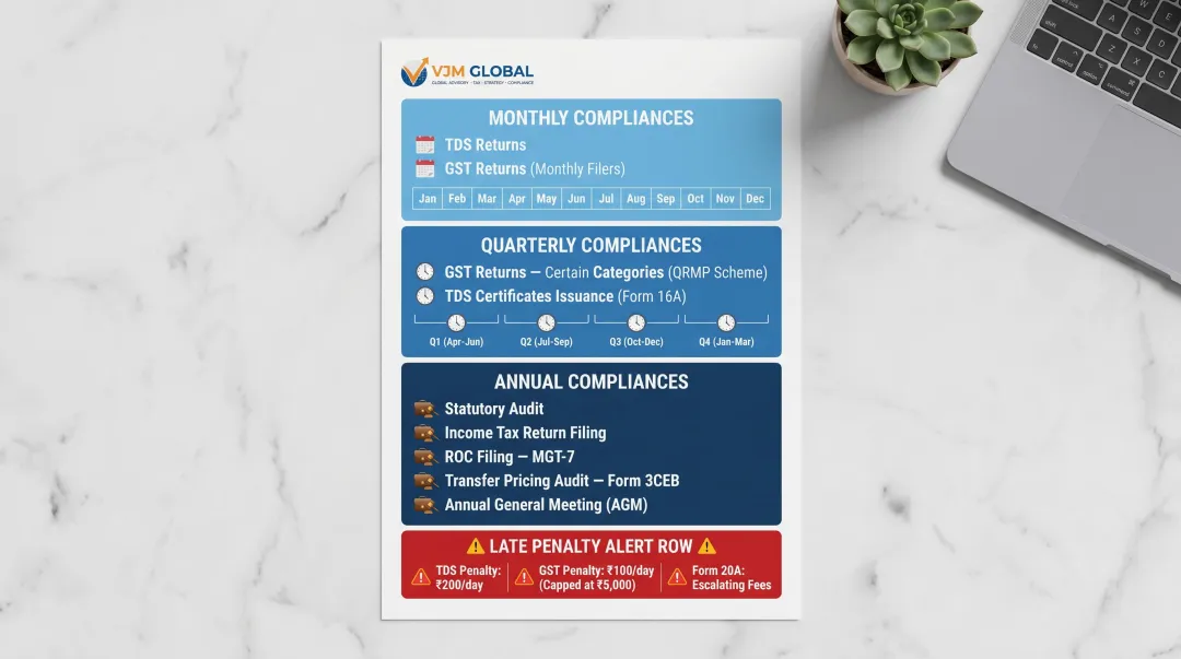 India subsidiary compliance calendar monthly quarterly annual obligations and late penalties