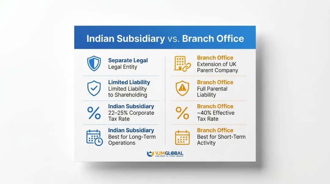 Subsidiary versus branch office India comparison table key differences infographic