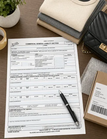 Business insurance documents and consignment inventory protection paperwork on desk