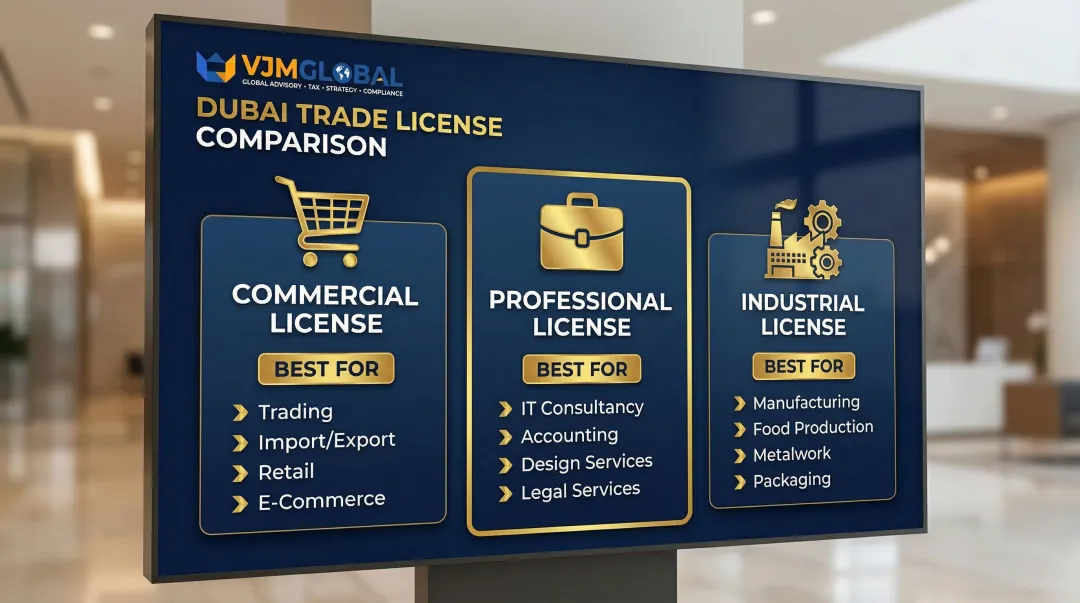 Three Dubai trade license types comparison chart commercial professional industrial