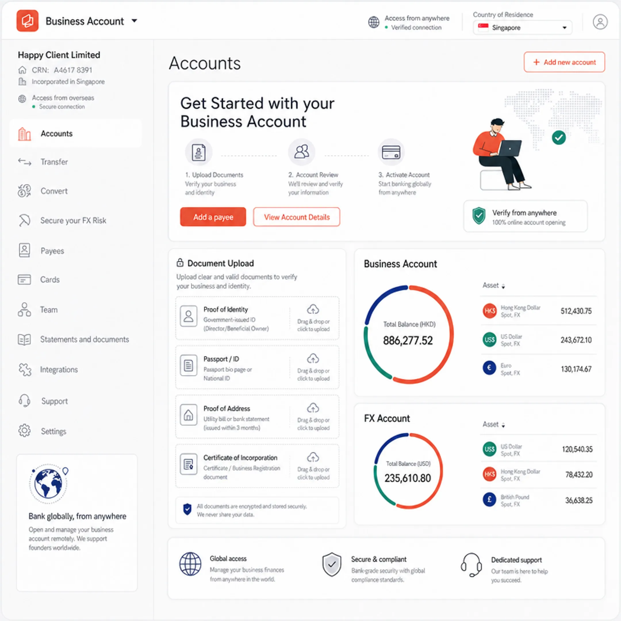 Fintech business banking platform interface for international founders