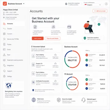 Fintech business banking platform interface for international founders