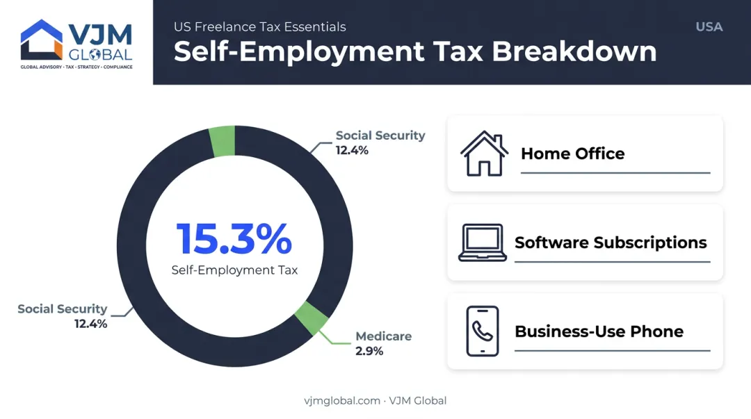 Self-employment tax rate breakdown and common freelance deductions chart