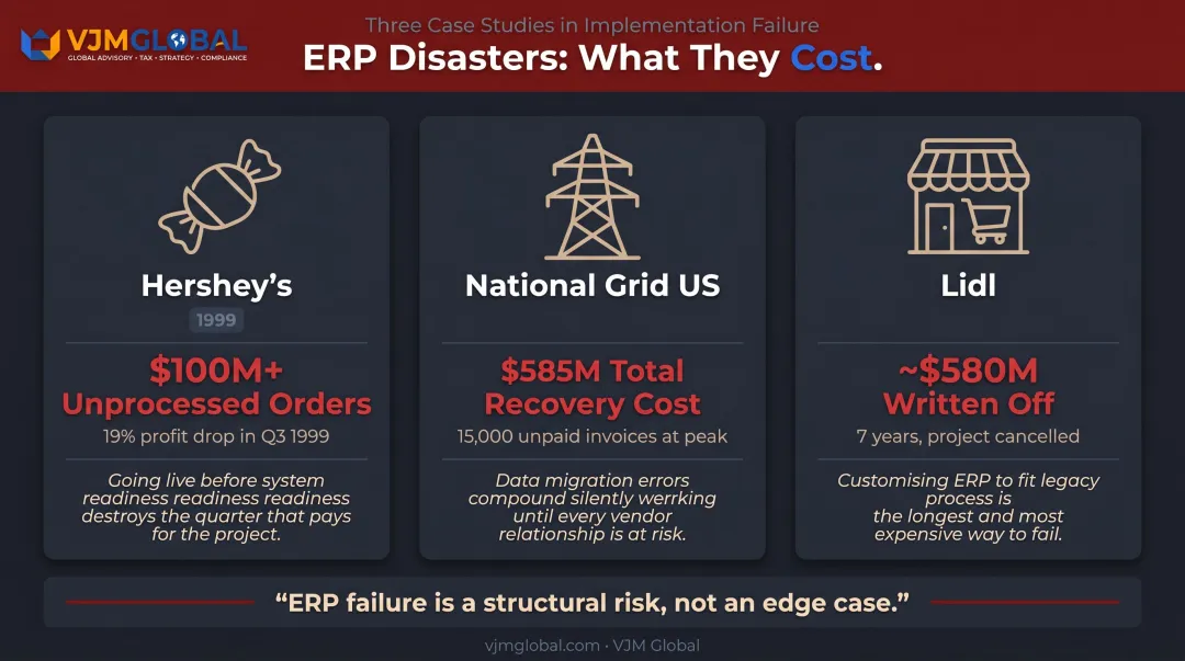 Three major ERP failure case studies Hershey National Grid and Lidl cost comparison