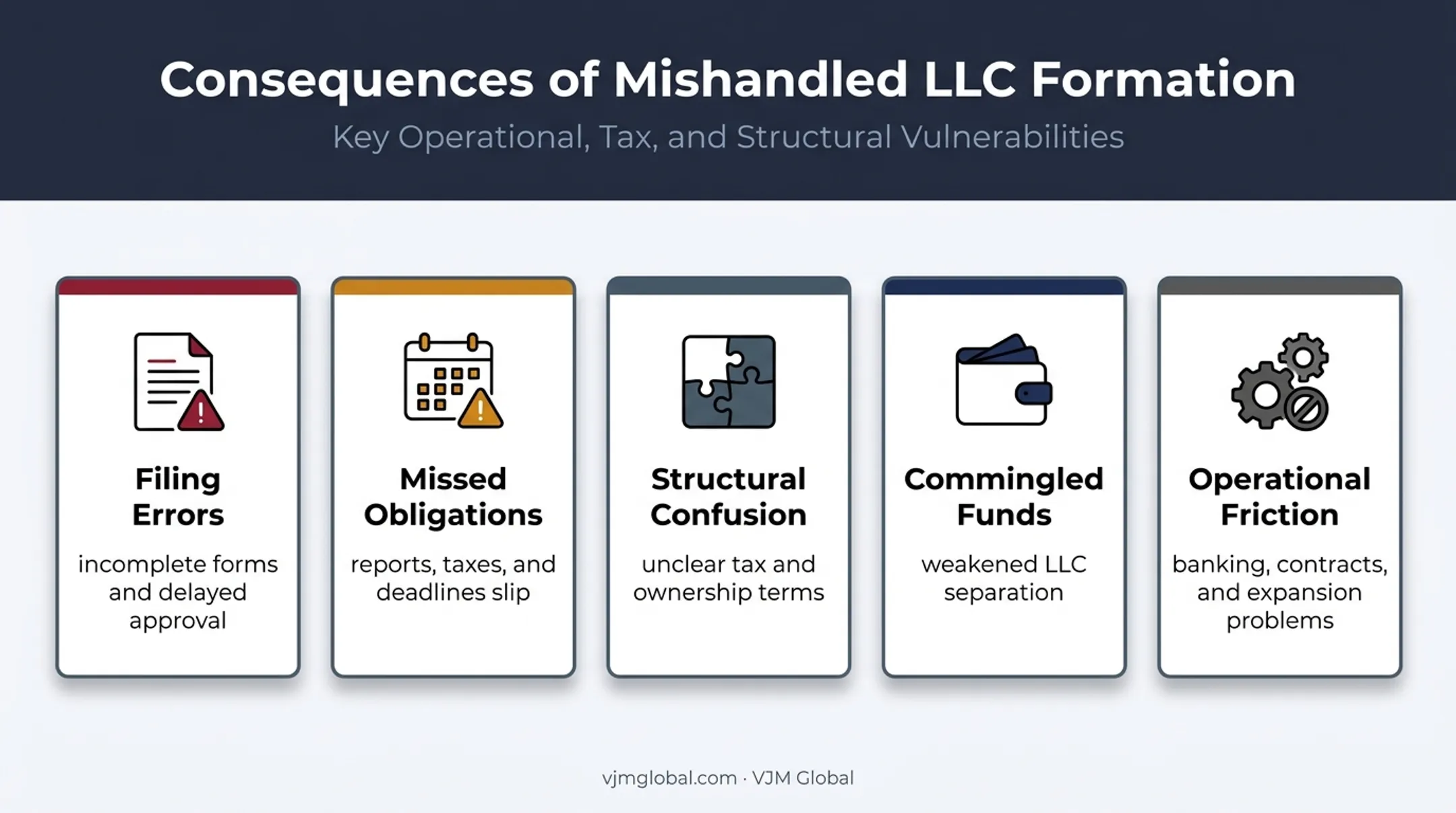 LLC formation mistakes and downstream business risks infographic
