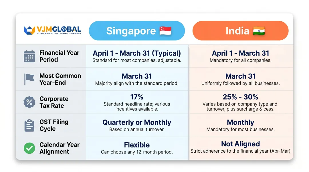Singapore versus India financial year accounting framework side-by-side comparison infographic