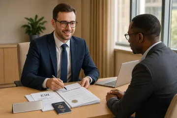 US business banker reviewing documents with international entrepreneur client