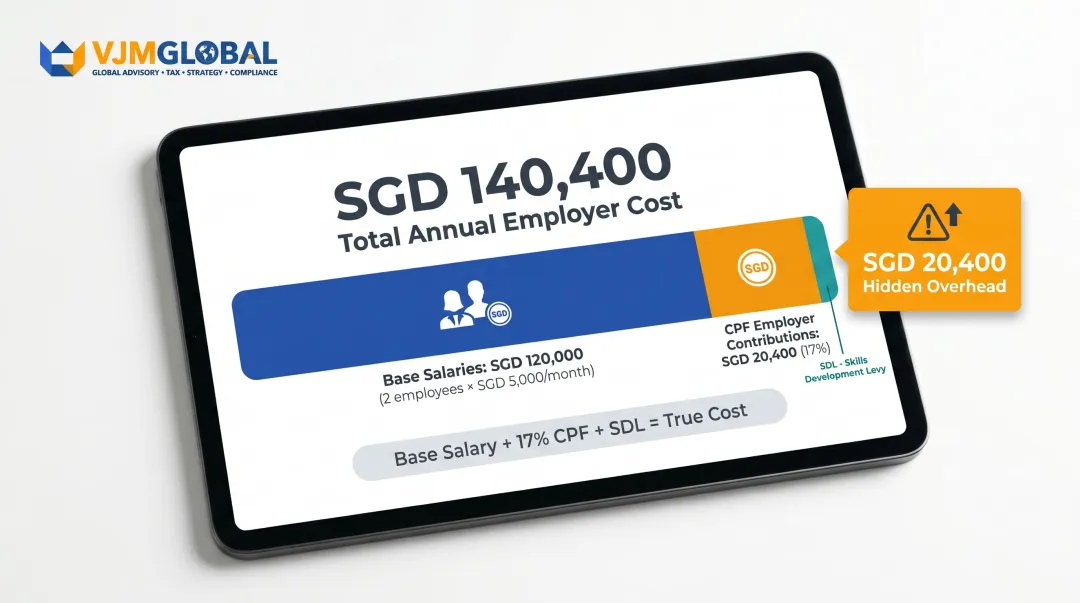 True annual employer cost breakdown for two Singapore local employees including CPF
