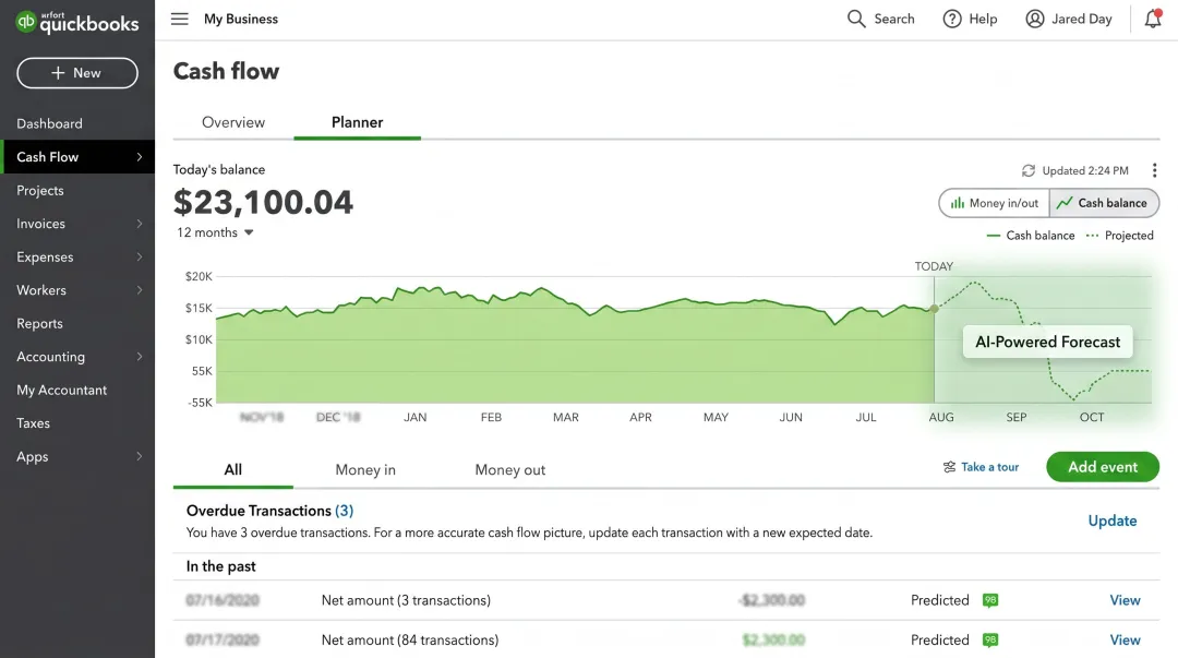 QuickBooks Online dashboard displaying AI cash flow projections and expense categorisation