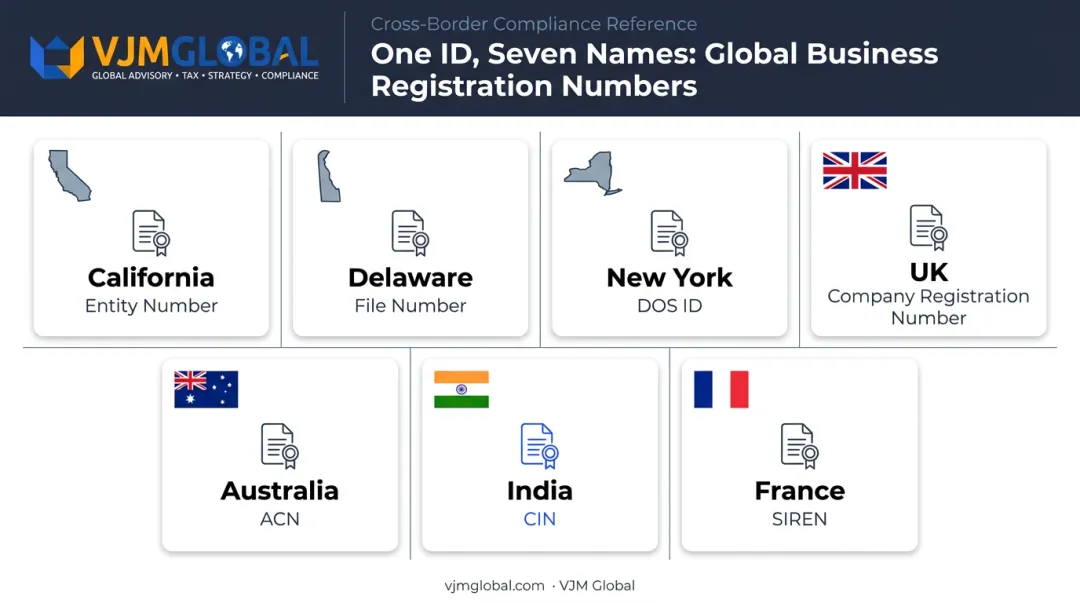 Company registration number equivalent names across US UK Australia India France