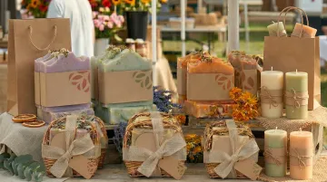 Handmade eco-friendly soaps and paper bags displayed for sale in Goa