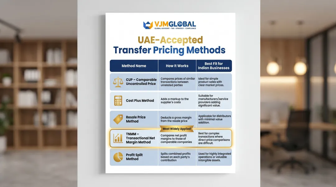 Five UAE transfer pricing methods comparison table with best-fit use cases