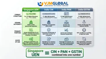 Singapore UEN versus India CIN PAN GSTIN business identifier comparison infographic