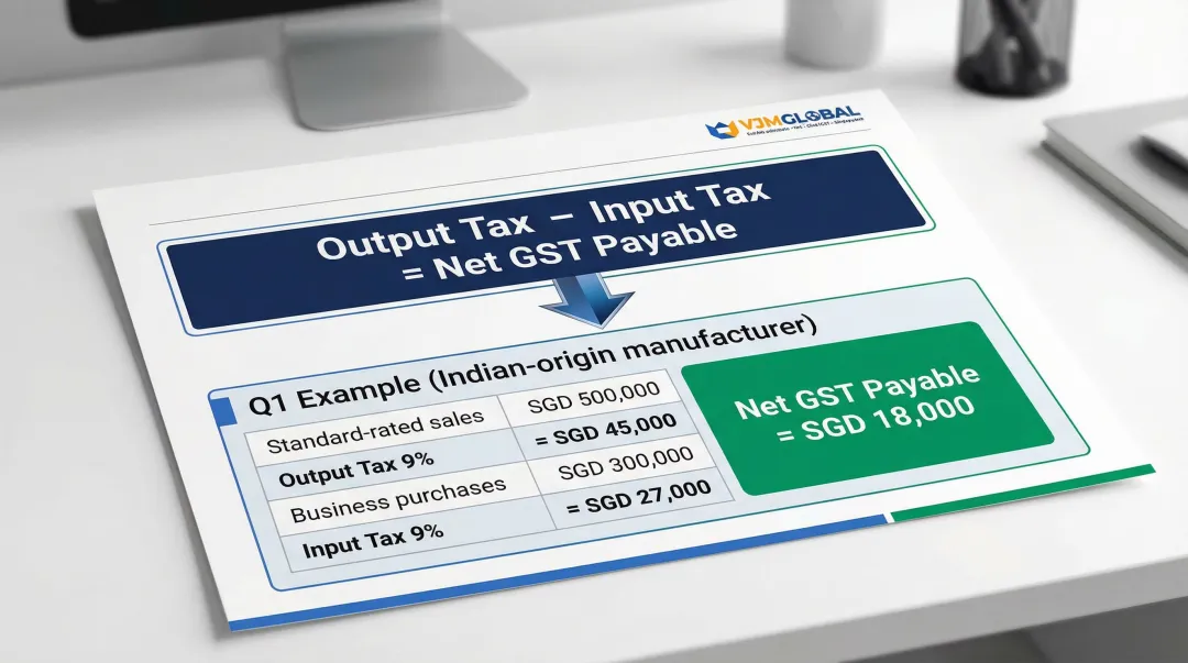 Singapore GST net payable calculation formula with worked numerical example breakdown