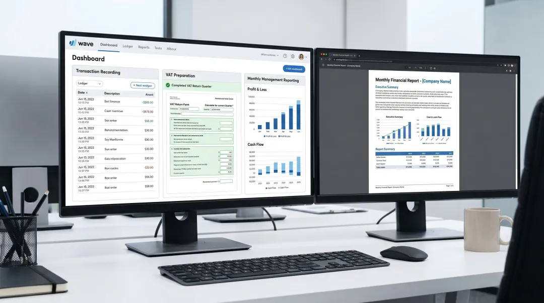 Outsourced bookkeeping service dashboard showing transaction records and monthly reports