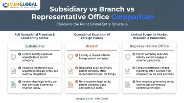 Subsidiary versus branch versus representative office structure comparison chart