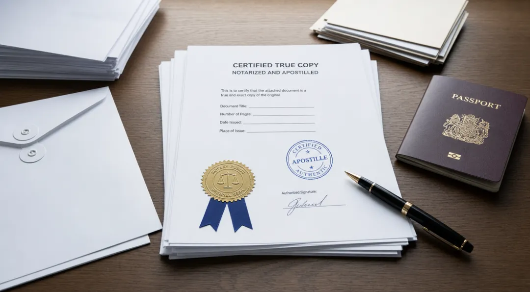 Notarized apostilled documents and passport ready for Japan company registration