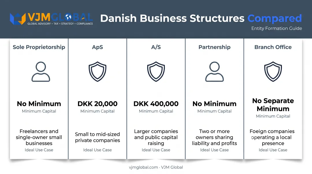 Five Danish business structures compared by liability and capital requirements