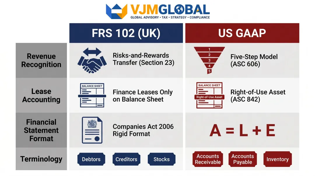 UK FRS 102 versus US GAAP key accounting differences comparison chart