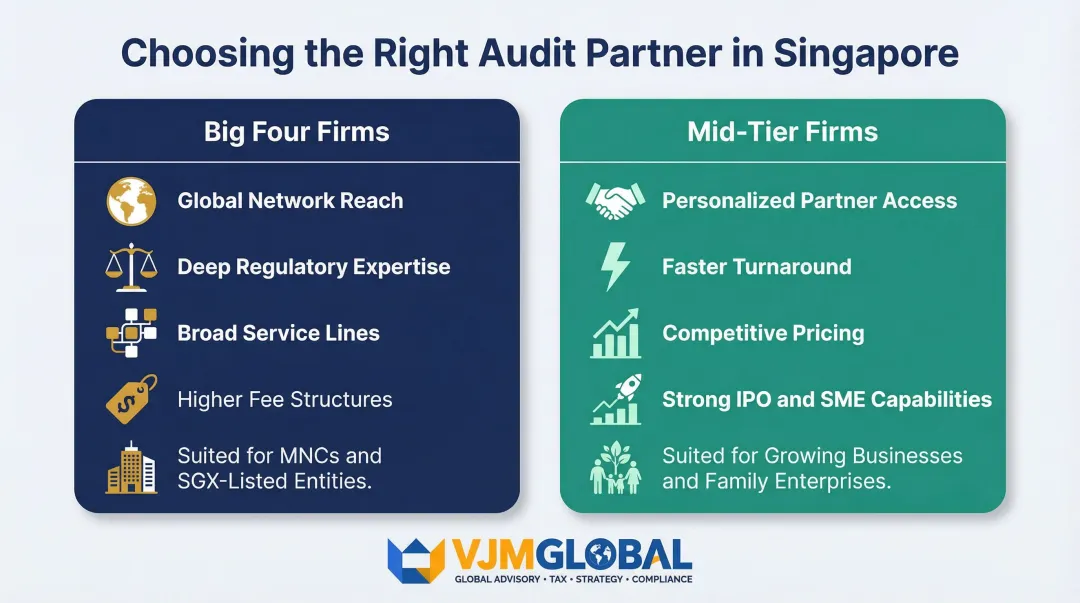 Big Four versus mid-tier audit firms Singapore side-by-side comparison infographic