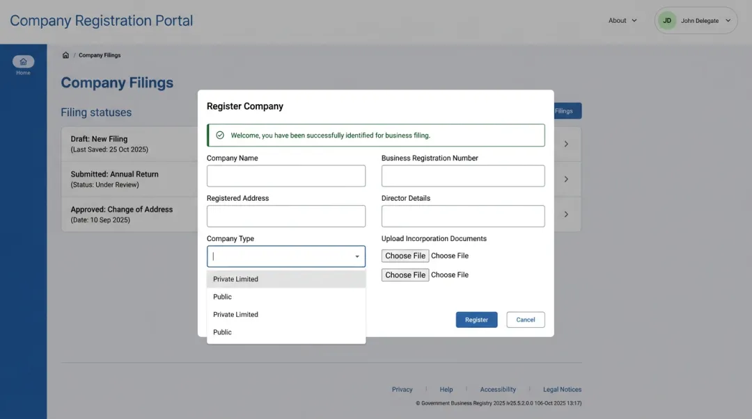 MCA online portal interface for company incorporation filing in India