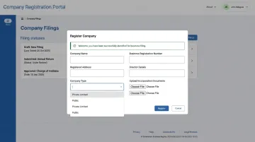 MCA online portal interface for company incorporation filing in India