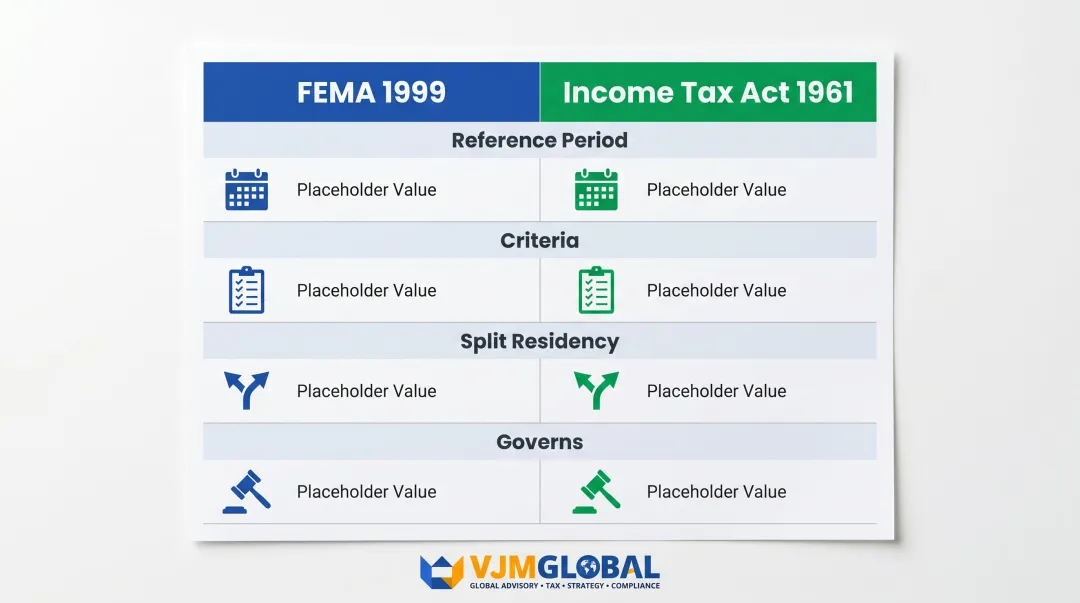 FEMA versus Income Tax Act NRI residency criteria side-by-side comparison infographic