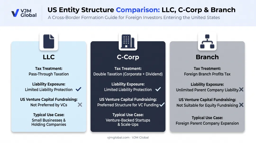 LLC versus C-Corp versus Branch entity structure comparison chart