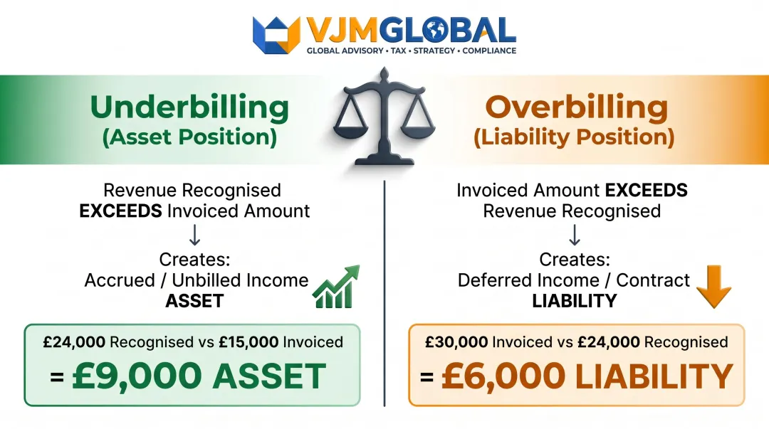 Underbilling versus overbilling WIP balance sheet impact comparison infographic