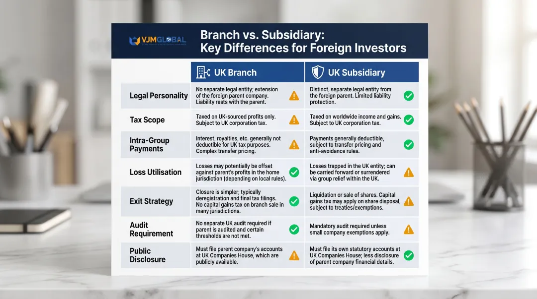 Branch versus subsidiary UK tax structure side-by-side comparison infographic for foreign investors