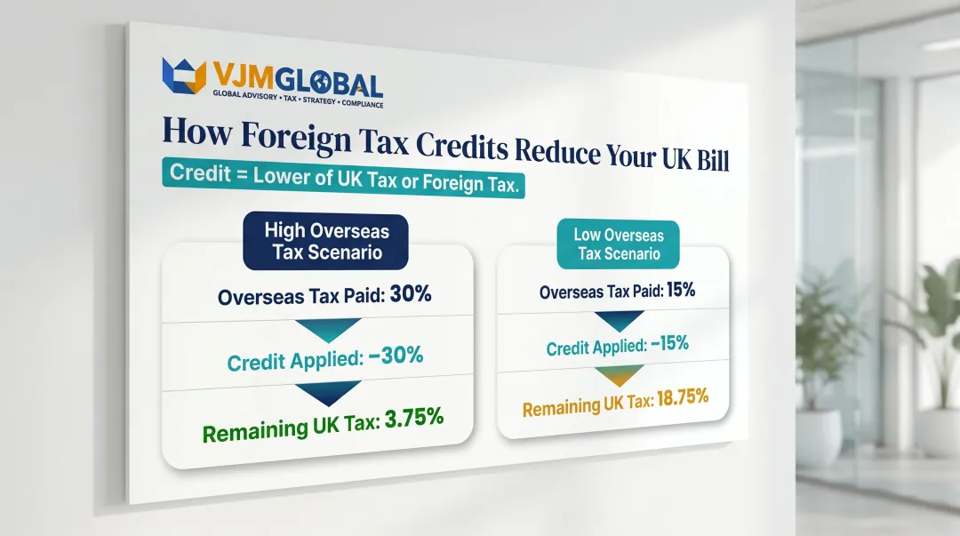 Foreign tax credit calculation examples showing UK tax liability reduction for dividend income